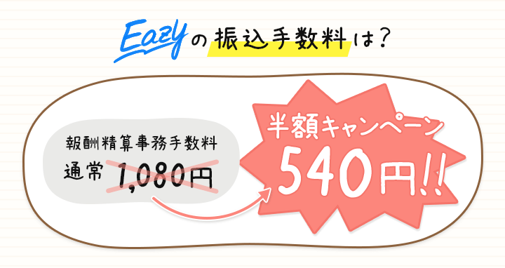 報酬精算事務手数料半額キャンペーン。振り込み手数料540円。